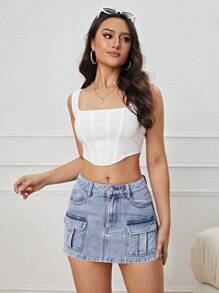 SHEIN EZwear 翻蓋口袋牛仔半身裙 - 淺色水洗藍 - 查看 1