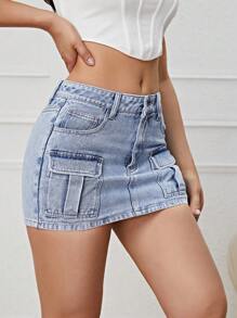 SHEIN EZwear 翻蓋口袋牛仔半身裙 - 淺色水洗藍 - 查看 2