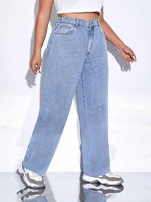 Quần Denim kích thước lớn Nút Túi Dây kéo màu trơn - Rửa nhẹ - Xem 3