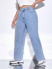 Quần Denim kích thước lớn Nút Túi Dây kéo màu trơn - Rửa nhẹ - Xem 4