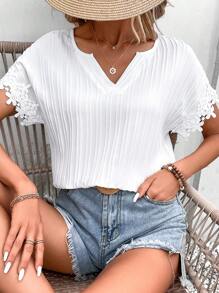 SHEIN Frenchy Contrast Lace Notched Neckline Batwing Sleeve Blouse - White - View 6