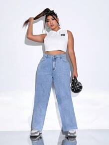 Quần Denim kích thước lớn Nút Túi Dây kéo màu trơn - Rửa nhẹ - Xem 5