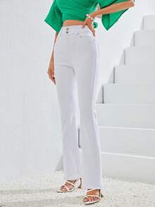 SHEINBlues 高腰牛仔喇叭褲 - 米色 - 查看 2