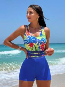 SHEIN Swim Tropical Print Contrast Mesh One Piece Swimsuit,Summer Beach - Royal Blue - View 1