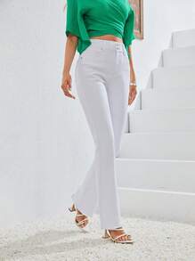 SHEINBlues 高腰牛仔喇叭褲 - 米色 - 查看 1