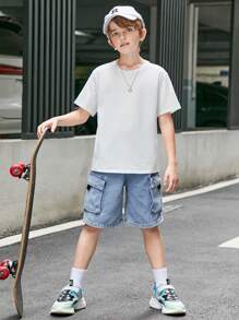 SHEIN Áo thun trễ vai có họa tiết màu chuyển sắc mát mẻ dành cho nam - trắng - Xem 6