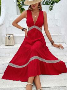 SHEIN VCAY Đầm Lộ Lưng Viên lá sen Buộc lại Khối Màu Gợi cảm - Đỏ - Xem 1