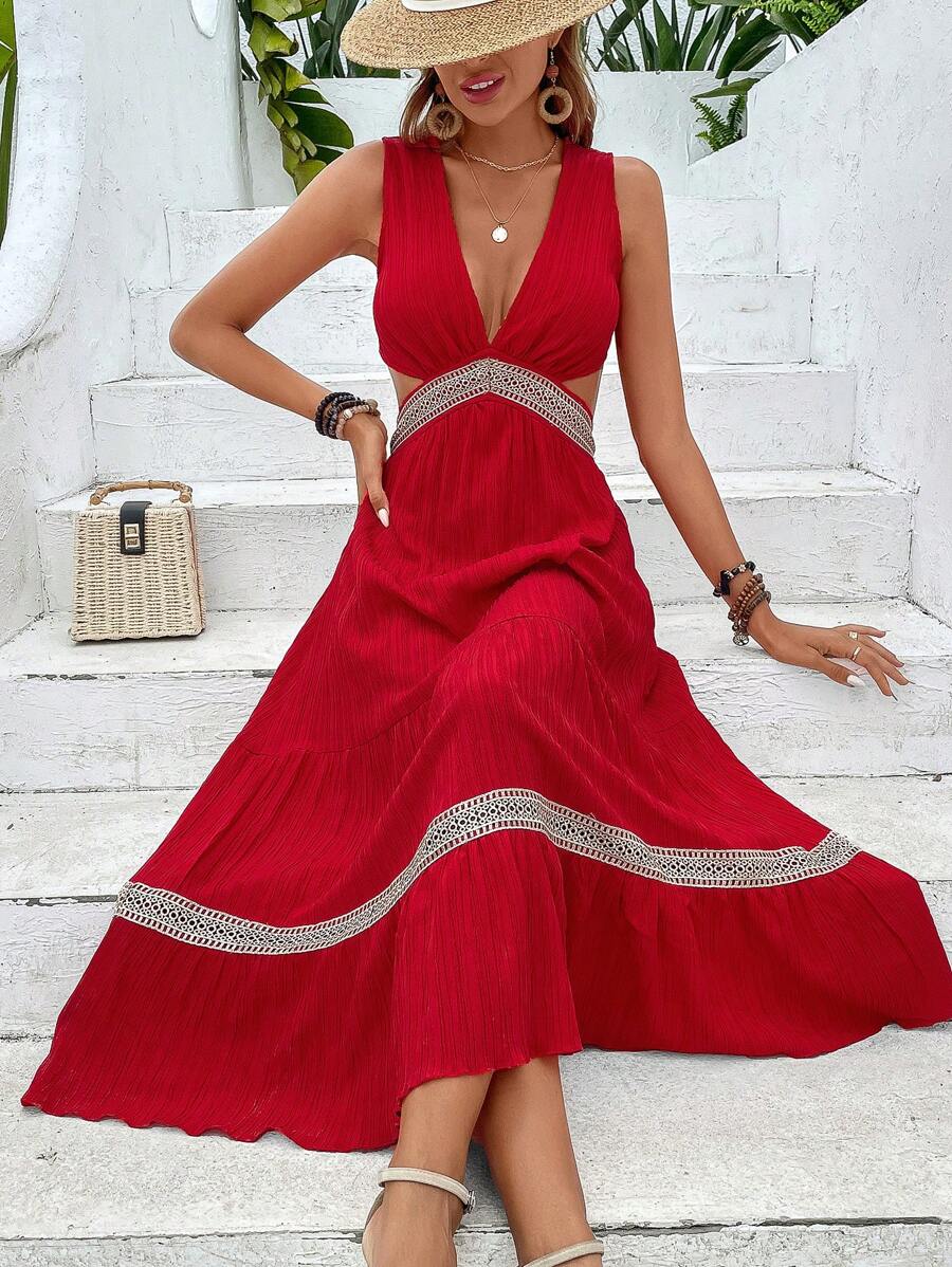 SHEIN VCAY Đầm Lộ Lưng Viên lá sen Buộc lại Khối Màu Gợi cảm - Đỏ - Xem 1