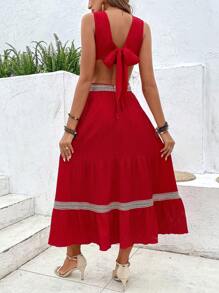 SHEIN VCAY Đầm Lộ Lưng Viên lá sen Buộc lại Khối Màu Gợi cảm - Đỏ - Xem 2