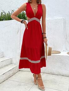 SHEIN VCAY Đầm Lộ Lưng Viên lá sen Buộc lại Khối Màu Gợi cảm - Đỏ - Xem 5