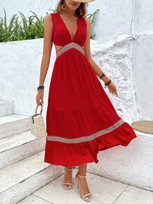 SHEIN VCAY Đầm Lộ Lưng Viên lá sen Buộc lại Khối Màu Gợi cảm - Đỏ - Xem 6