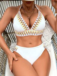SHEIN Bộ Bikini Nữ Ruy băng In chữ V - trắng - Xem 3
