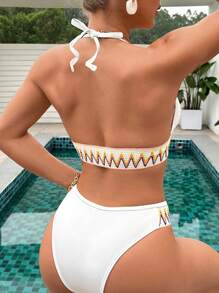 SHEIN Bộ Bikini Nữ Ruy băng In chữ V - trắng - Xem 2