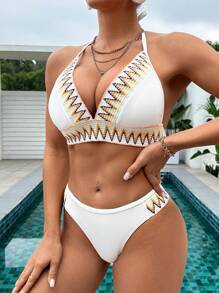 SHEIN Bộ Bikini Nữ Ruy băng In chữ V - trắng - Xem 5