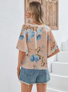 SHEIN Clasi Blusa con estampado floral de manga con abertura - Rosa Pálido - Ver 2