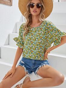 SHEIN VCAY Blusa con estampado floral de manga con volante - Verde - Ver 1