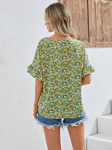 SHEIN VCAY Blusa con estampado floral de manga con volante - Verde - Ver 2