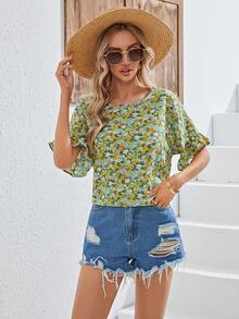 SHEIN VCAY Blusa con estampado floral de manga con volante - Verde - Ver 5