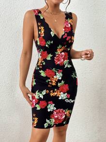 SHEIN Privé Floral Print Scallop Trim Bodycon Dress - Multicolor - View 4