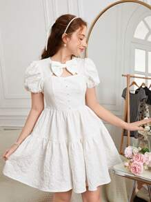 SHEIN 青少年女孩前蝴蝶結泡泡袖荷葉邊連衣裙 - 白色 - 查看 2