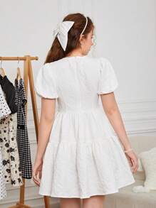 SHEIN 青少年女孩前蝴蝶結泡泡袖荷葉邊連衣裙 - 白色 - 查看 3