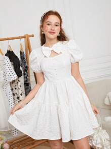 SHEIN 青少年女孩前蝴蝶結泡泡袖荷葉邊連衣裙 - 白色 - 查看 5