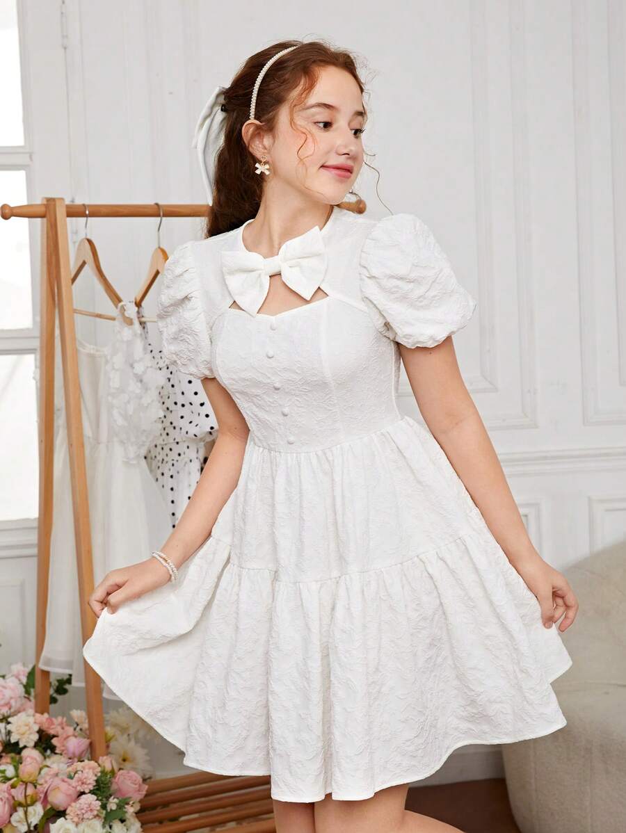 SHEIN 青少年女孩前蝴蝶結泡泡袖荷葉邊連衣裙 - 白色 - 查看 1