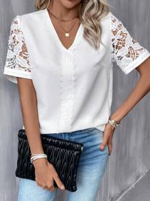 SHEIN Clasi Contrast Lace Sleeve V Neck Blouse - White - View 2