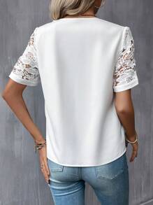 SHEIN Clasi Contrast Lace Sleeve V Neck Blouse - White - View 3