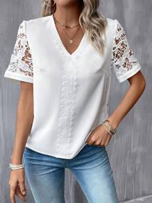 SHEIN Clasi Contrast Lace Sleeve V Neck Blouse - White - View 4