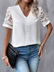 SHEIN Clasi Contrast Lace Sleeve V Neck Blouse - White - View 5