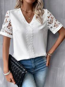 SHEIN Clasi Contrast Lace Sleeve V Neck Blouse - White - View 1