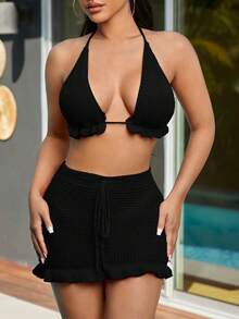 Frill Trim Tie Backless Halter Cover Up Set - Black - View 3