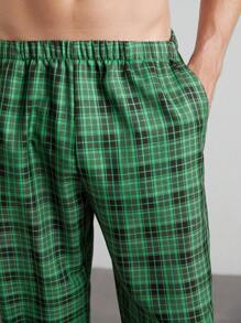 男士格紋印花睡褲 - 綠色 - 查看 2