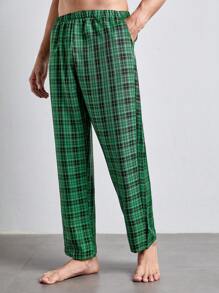 男士格紋印花睡褲 - 綠色 - 查看 3