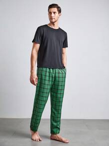 男士格紋印花睡褲 - 綠色 - 查看 4