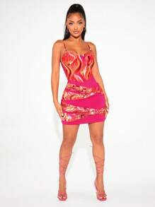 SHEIN SXY 大理石圖案前扭結吊帶緊身連衣裙 - 彩色 - 查看 3