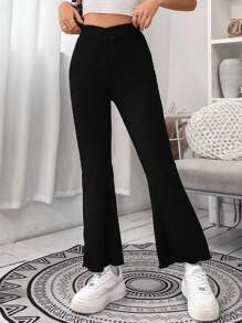 Flirla 素色喇叭褲 - 黑色 - 查看 1