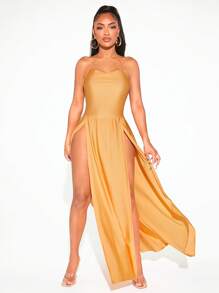 SHEIN SXY Vestido de muslo con abertura en M y cuello halter sin espalda - Amarillo - Ver 3