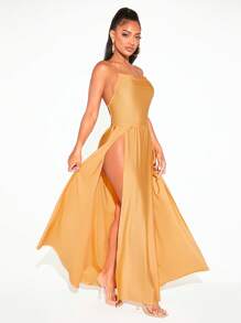 SHEIN SXY Vestido de muslo con abertura en M y cuello halter sin espalda - Amarillo - Ver 4