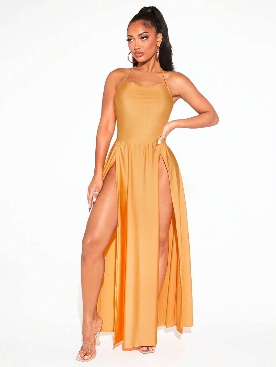 SHEIN SXY Vestido de muslo con abertura en M y cuello halter sin espalda - Amarillo - Ver 1