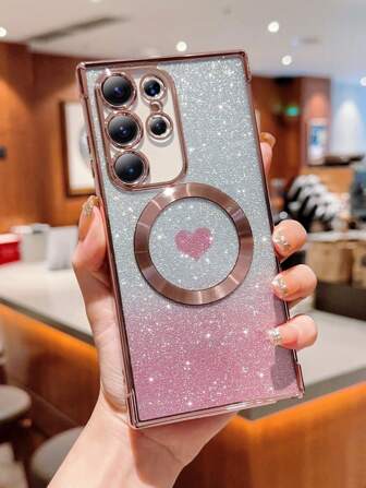 1 pieza Funda de carga inalámbrica Magsafe con protección anti-caída de cuatro esquinas, estampado de leopardo degradado con brillo, compatible con Galaxy S24 Ultra/S23 Ultra/S22 Ultra/S21 Ultra/S20 FE, iPhone 15 Pro Max/14 Pro Max/13 Pro Max/12 Pro Max/11