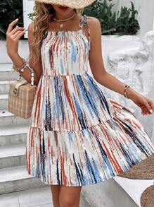 SHEIN LUNE 1入組筆刷圖案肩上打結荷葉邊吊帶連衣裙 - 彩色 - 查看 6