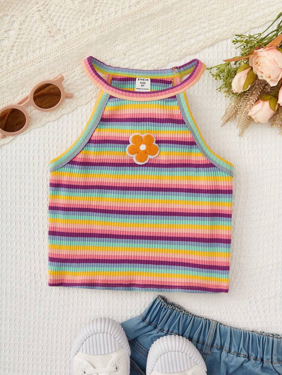 SHEIN 女孩條紋印花花卉圖案補丁貼掛脖上衣 - 彩色 - 查看 1
