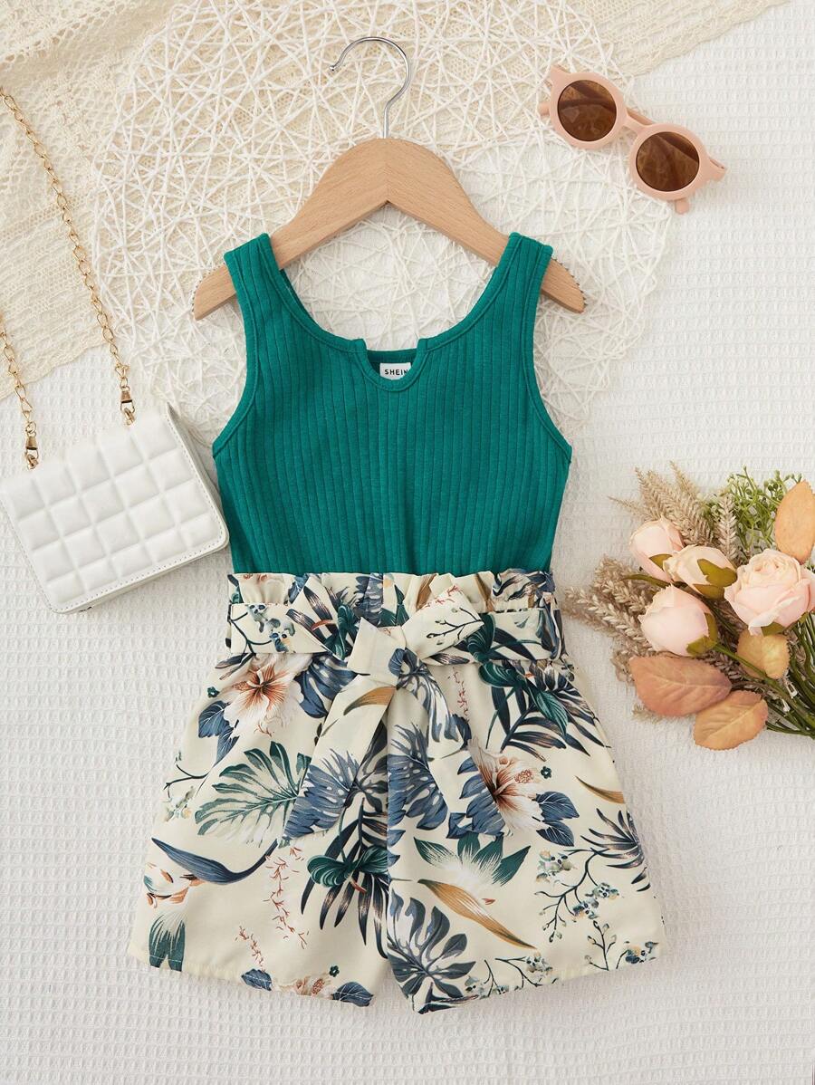 SHEIN Jumpsuit bé gái Thắt lưng Gân đan Nhiệt đới Boho - Nhiều màu - Xem 1