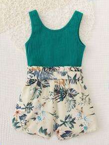 SHEIN Jumpsuit bé gái Thắt lưng Gân đan Nhiệt đới Boho - Nhiều màu - Xem 2