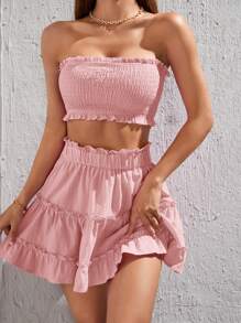 SHEIN PETITE 褶邊抹胸上衣和荷葉邊半身裙 - 淺粉色 - 查看 1