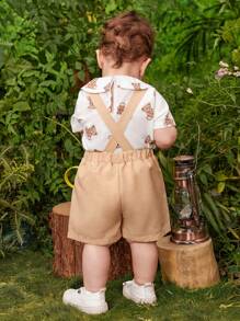 Baby Boy Bear Print Top & Overall Shorts & Hat - Multicolor - View 2