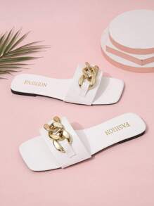 時尚白色涼鞋適用於女士鏈條裝飾涼拖 - 白色 - 查看 2