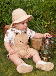 Baby Boy Bear Print Top & Overall Shorts & Hat - Multicolor - View 3